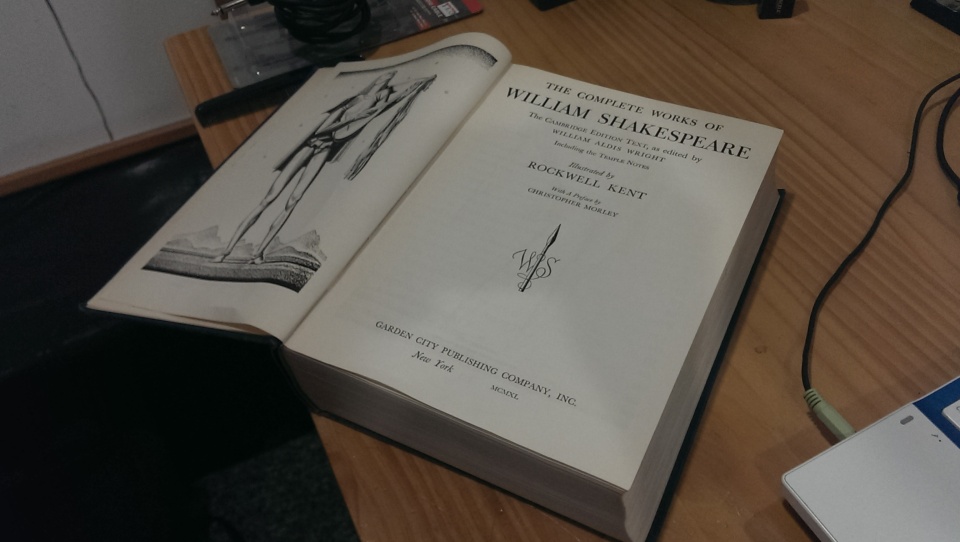 The opening pages and illustration of The Complete Works of William Shakespeare, The Cambridge Edition Text, as edited by William Aldis Wright.
